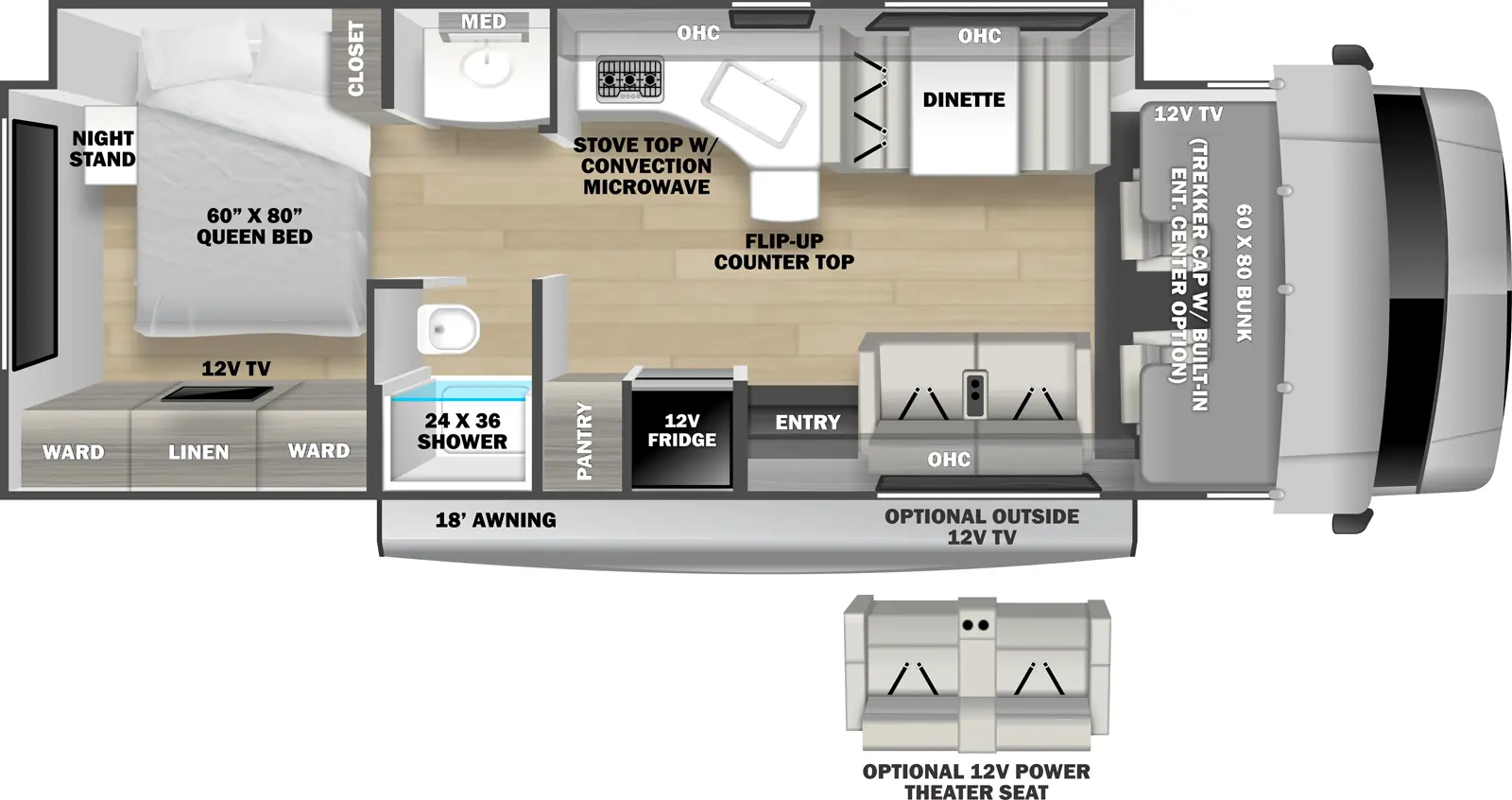 The 3051S has 1 full-wall off-door side slide out. Exterior features include an 18 ft. awning and optional outside 12V TV. Interior layout from front to back includes a front 60 x 80 cab over bunk with 12V TV (optional Trekker cab with built-in entertainment center in place of bunk); full-wall slide includes the head of the rear bedroom bed, bathroom sink and medicine cabinet, kitchen countertop with stovetop, convection microwave, overhead cabinet and angled sink, and finally a booth dinette; door side sofa to the right of the entry door (optional 12V power theater seat in place of sofa); pantry and 12V refrigerator to the left of the entry door; walk-through bathroom with 24 x 36 shower, toilet, sink and medicine cabinet; rear bedroom with 60 x 80 Queen bed, night stand and closet in the full wall slide out; wardrobes, linen storage and 12V TV across from the foot of the bed.